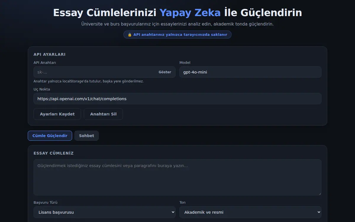 Yapay Zeka Destekli Başvuru Essay Cümle ekran görüntüsü