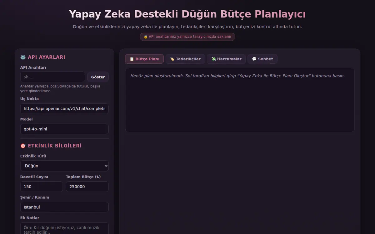 Yapay Zeka Destekli Düğün Bütçe Planlayıcı ekran görüntüsü