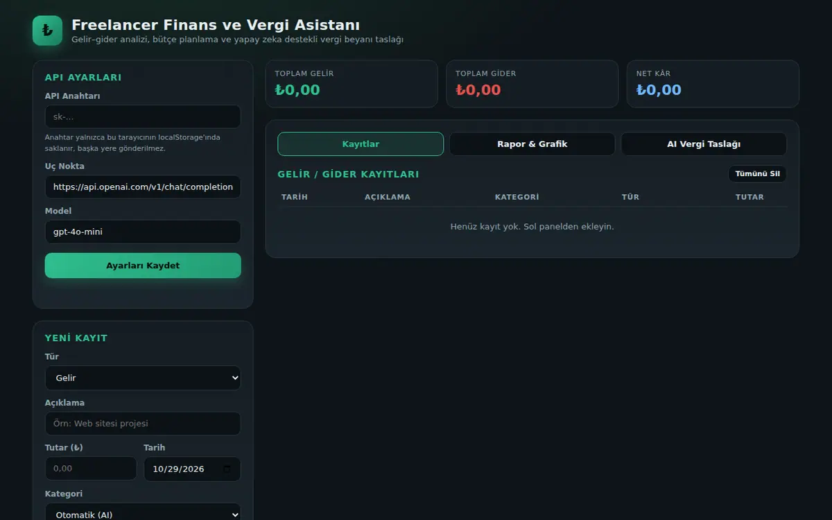 Yapay Zeka Destekli Freelancer Finans Asistanı ekran görüntüsü