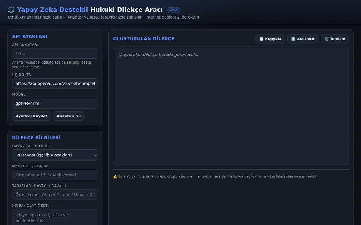 Yapay Zeka Destekli Hukuki Dilekçe Aracı ekran görüntüsü