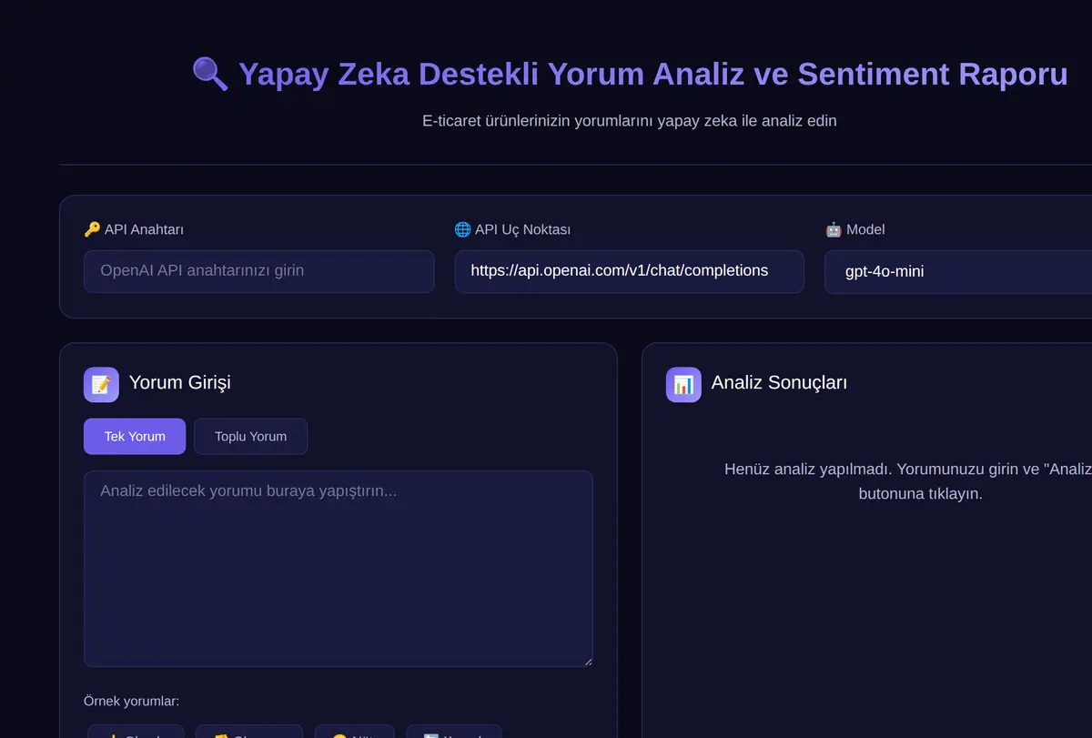 Yapay Zeka Destekli Yorum Analiz ve Sentiment Raporu ekran görüntüsü