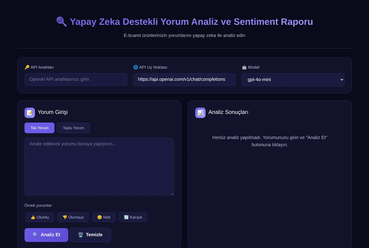 Yapay Zeka Destekli Yorum Analiz ve Sentiment Raporu ekran görüntüsü 2