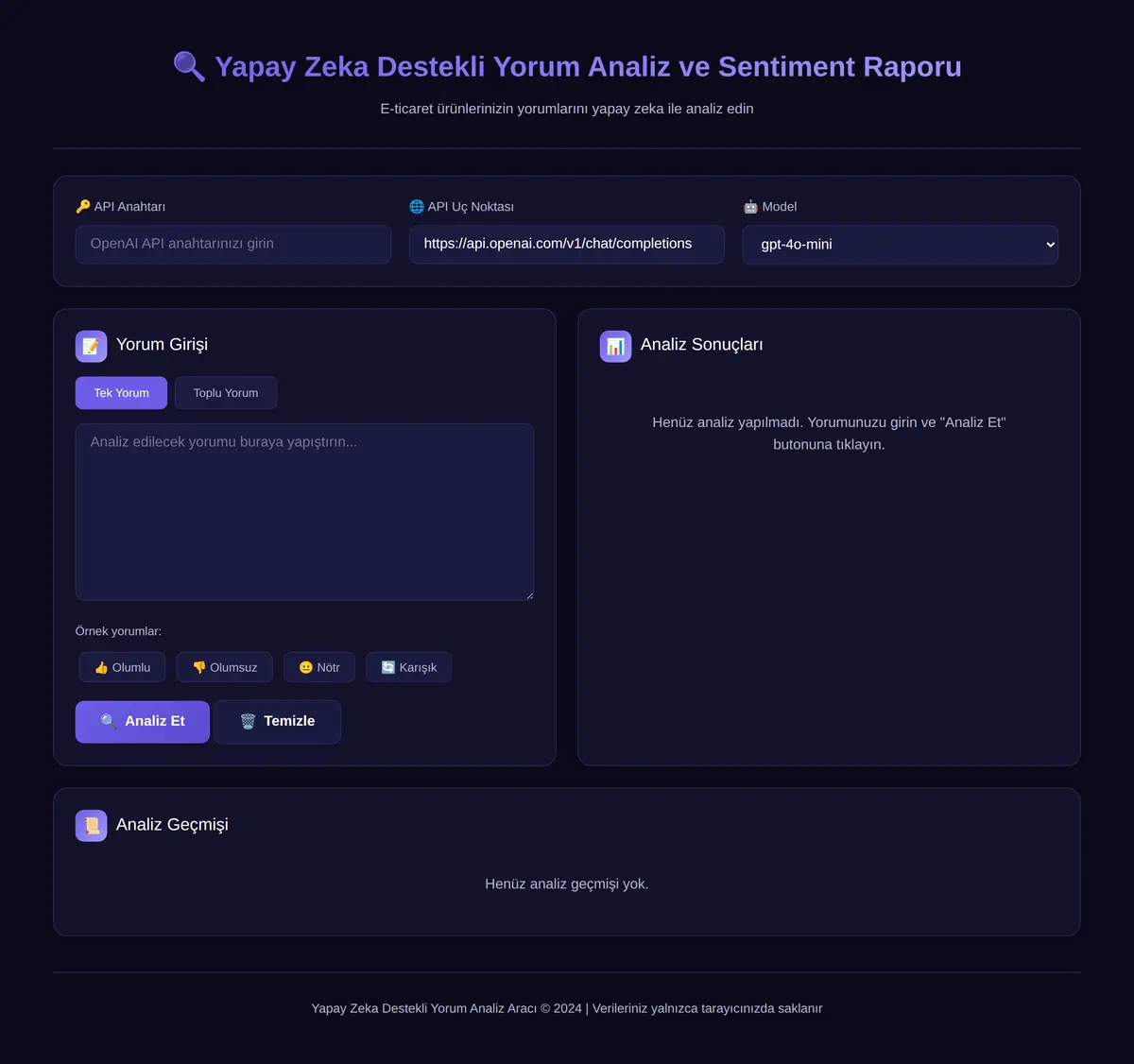 Yapay Zeka Destekli Yorum Analiz ve Sentiment Raporu ekran görüntüsü 3