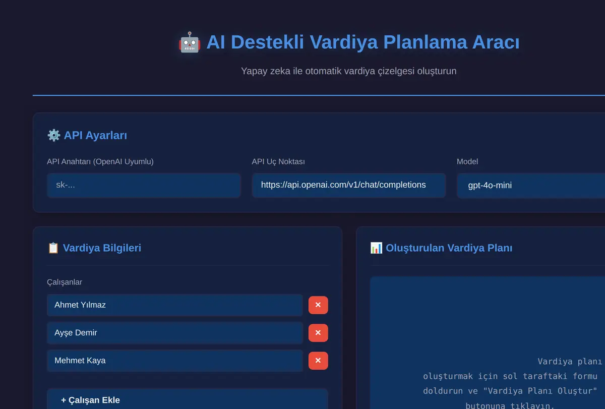 AI Destekli Vardiya Planlama Aracı ekran görüntüsü