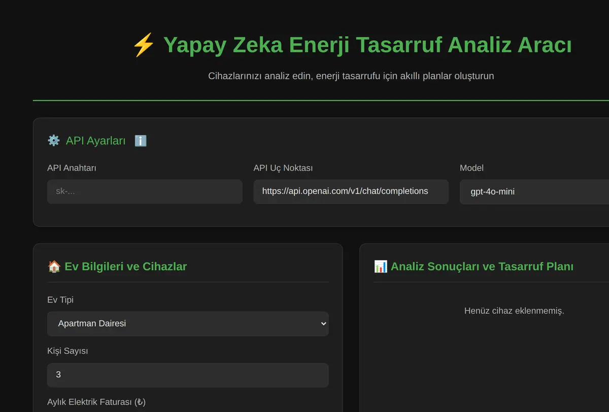 Yapay Zeka Enerji Tasarruf Analiz Aracı ekran görüntüsü