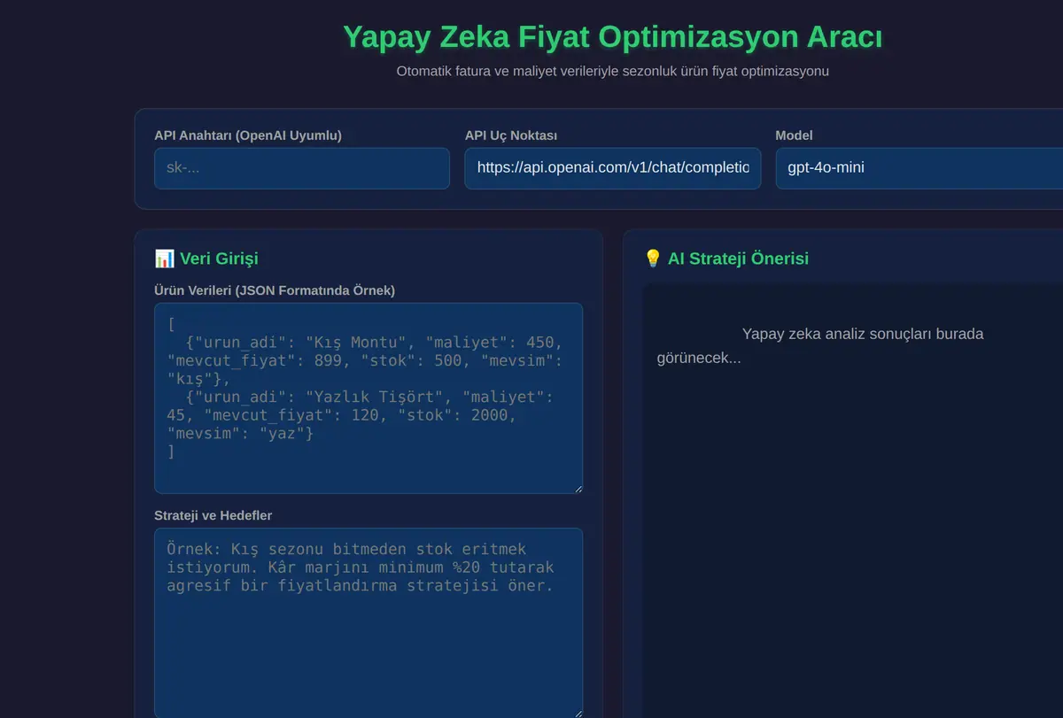 Yapay Zeka Fiyat Optimizasyon Aracı ekran görüntüsü