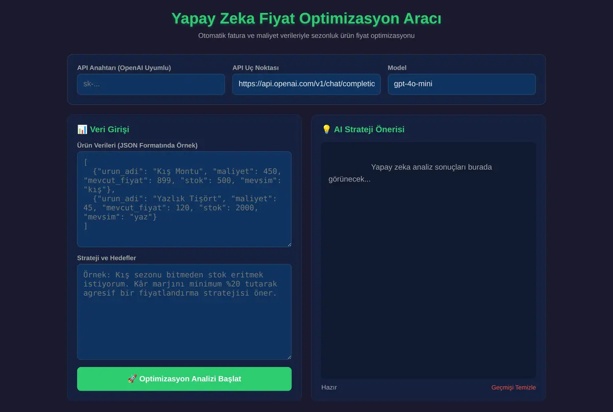 Yapay Zeka Fiyat Optimizasyon Aracı ekran görüntüsü 3