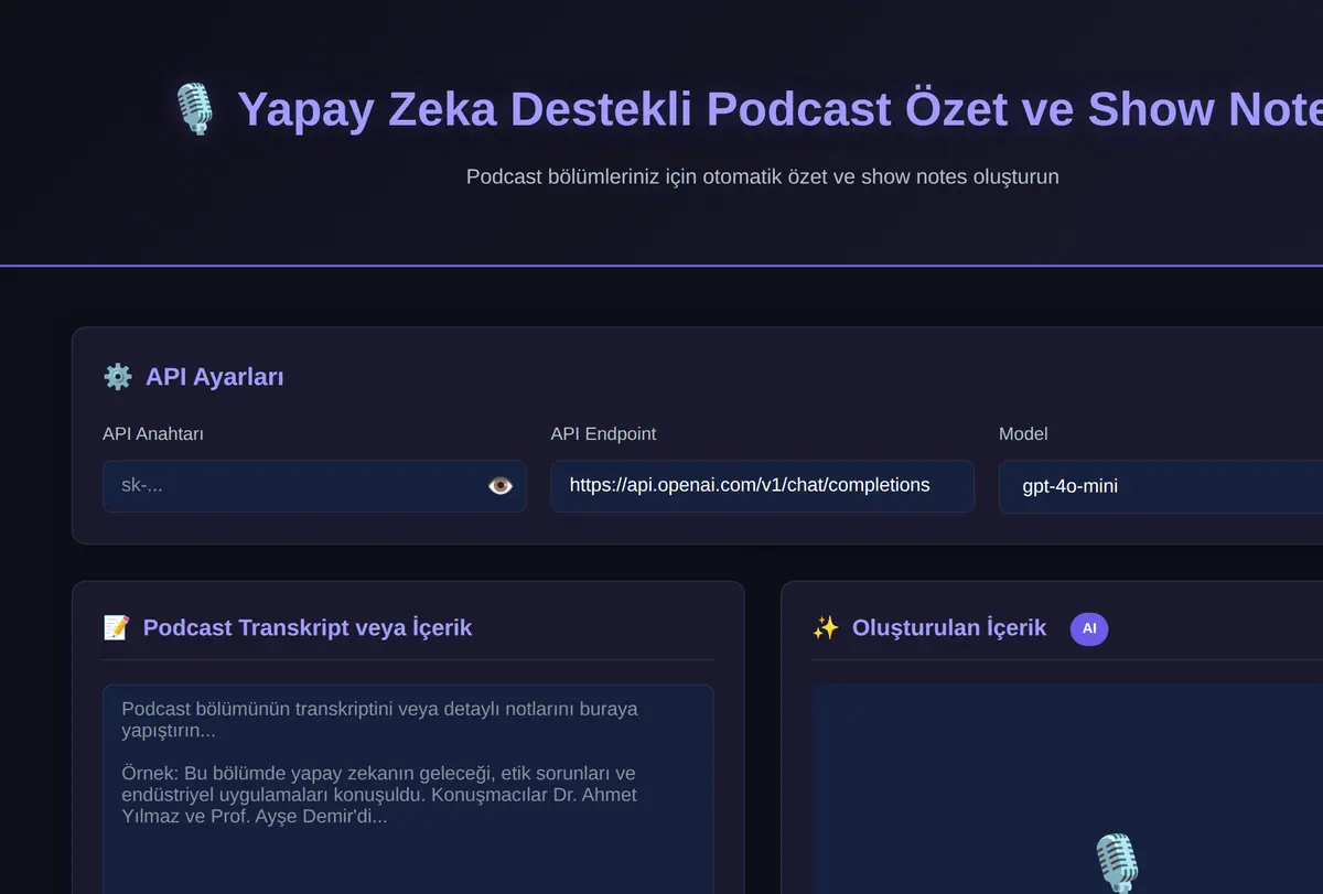 Yapay Zeka Destekli Podcast Özet ve Show Notes ekran görüntüsü