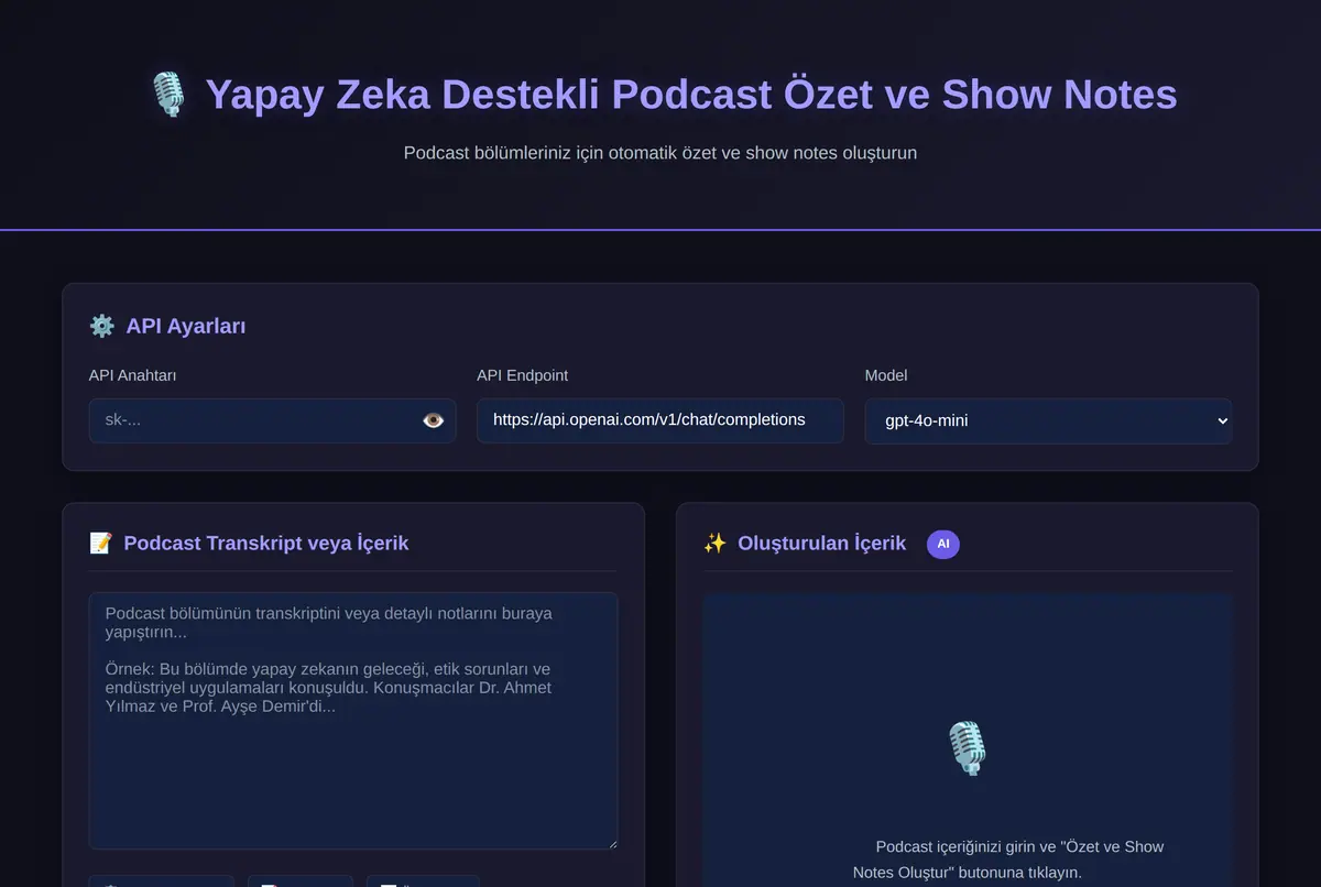Yapay Zeka Destekli Podcast Özet ve Show Notes ekran görüntüsü 2