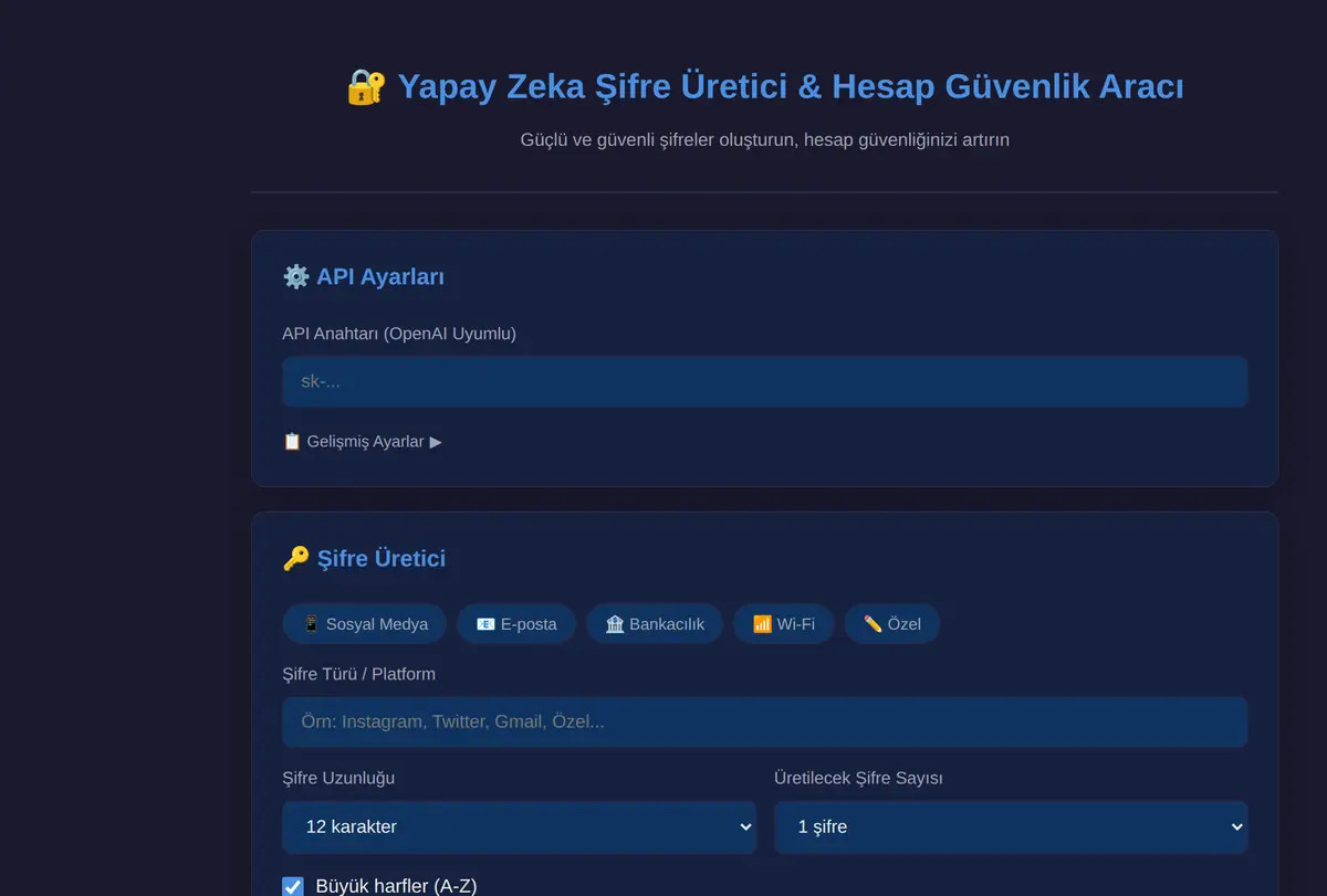 Yapay Zeka Şifre Üretici & Hesap Güvenlik Aracı ekran görüntüsü