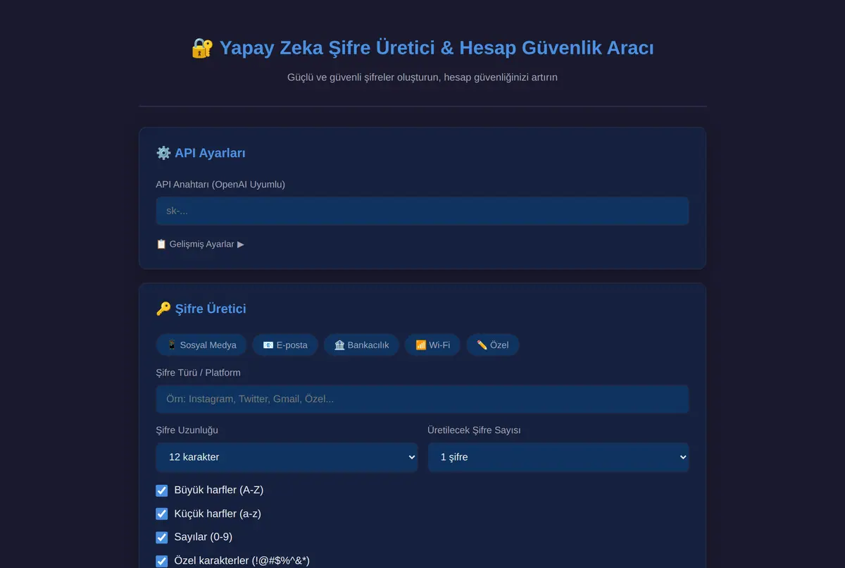 Yapay Zeka Şifre Üretici & Hesap Güvenlik Aracı ekran görüntüsü 2