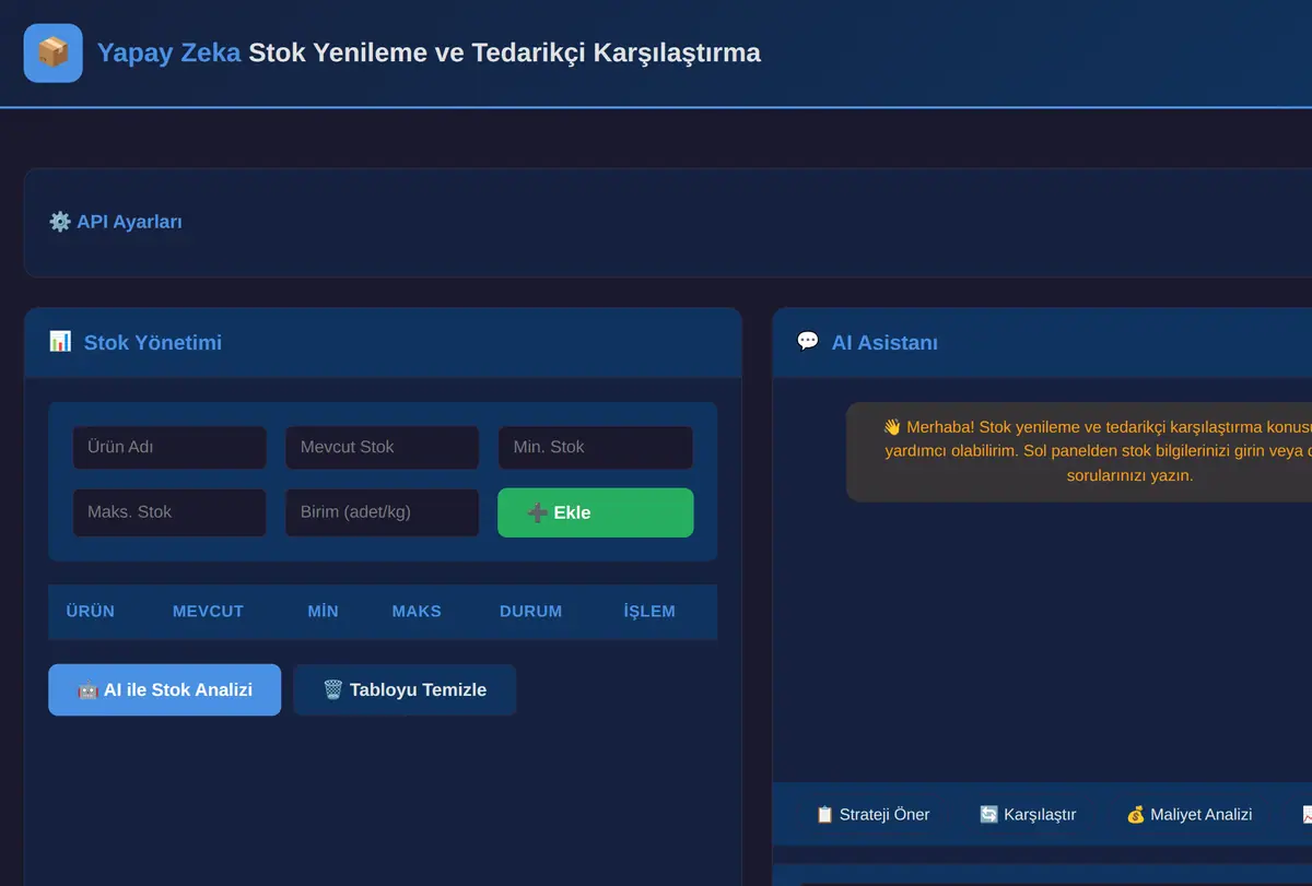Yapay Zeka Stok Yenileme ve Tedarikçi Karşılaştırma ekran görüntüsü