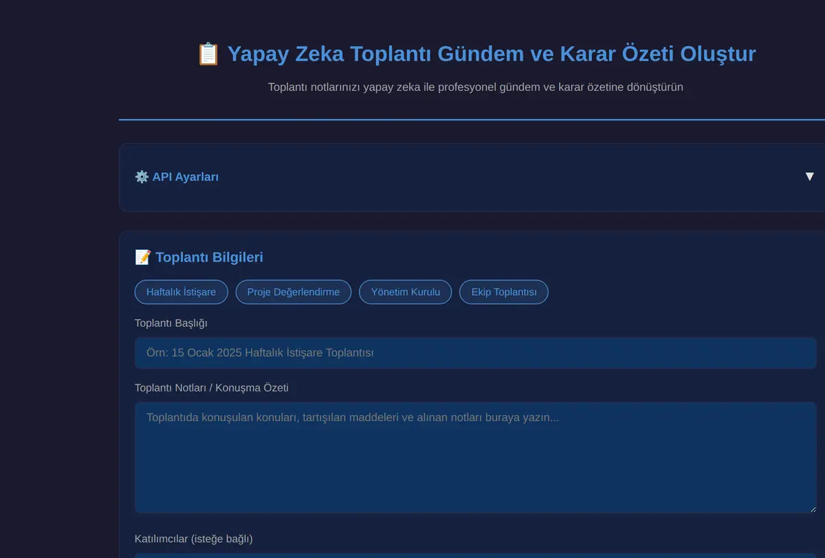 Yapay Zeka Toplantı Gündem ve Karar Özeti Oluştur ekran görüntüsü