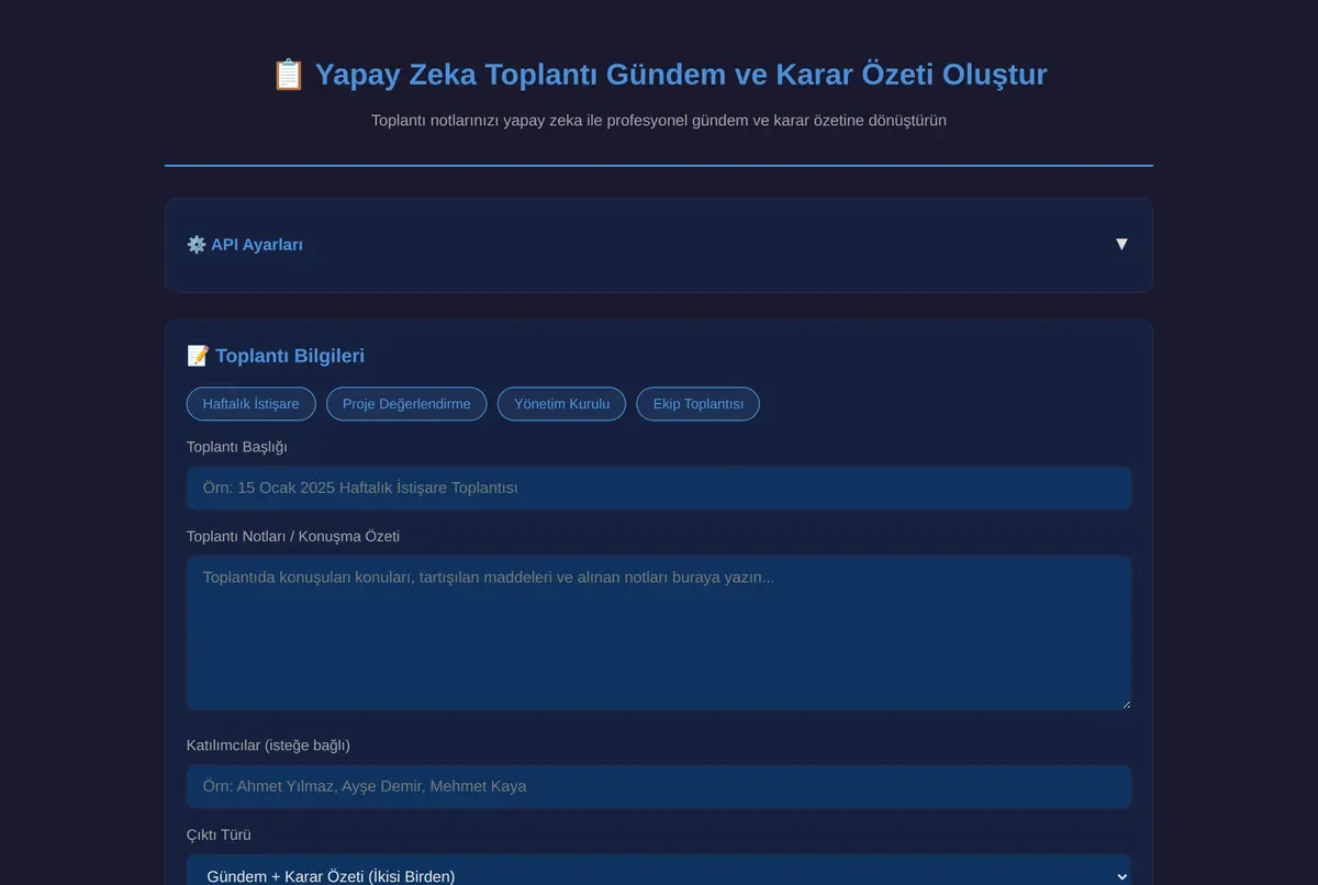 Yapay Zeka Toplantı Gündem ve Karar Özeti Oluştur ekran görüntüsü 2