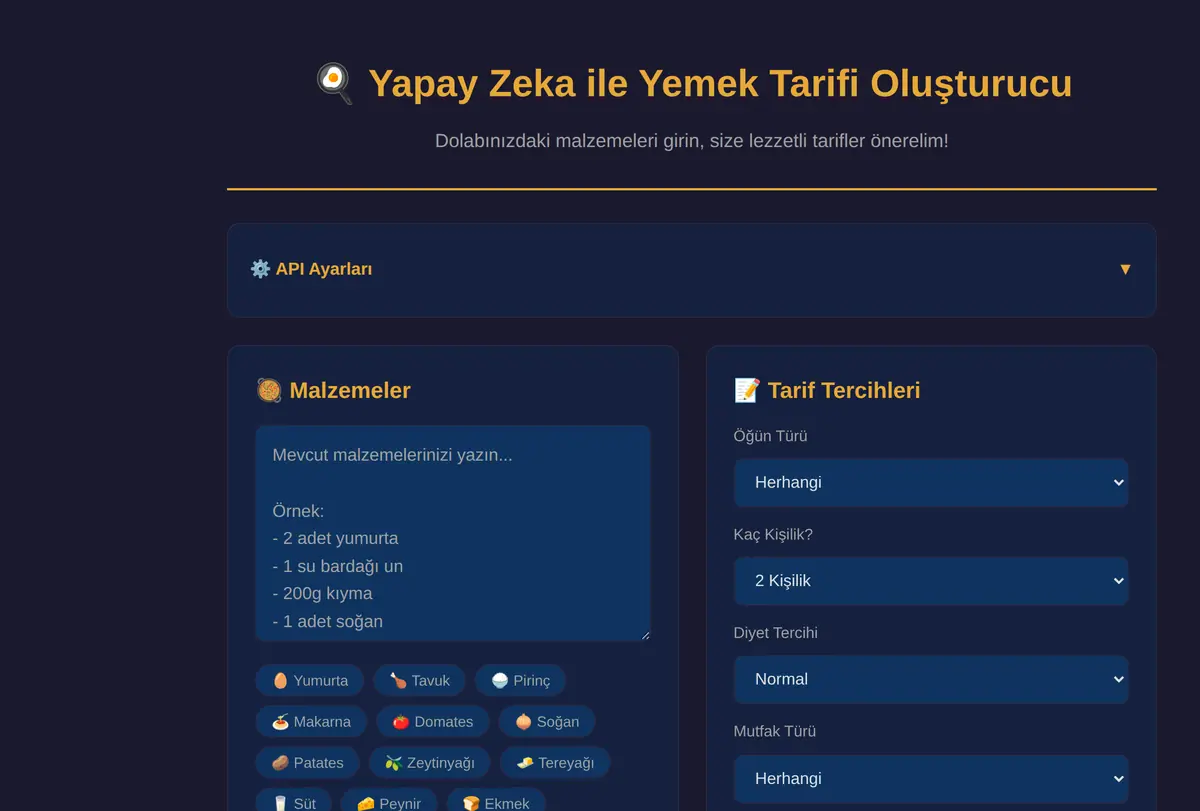 Yapay Zeka ile Yemek Tarifi Oluşturucu ekran görüntüsü