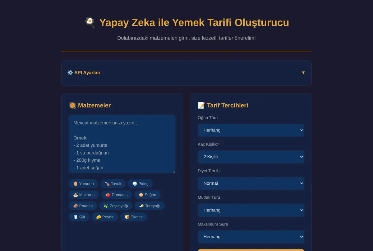Yapay Zeka ile Yemek Tarifi Oluşturucu ekran görüntüsü 2