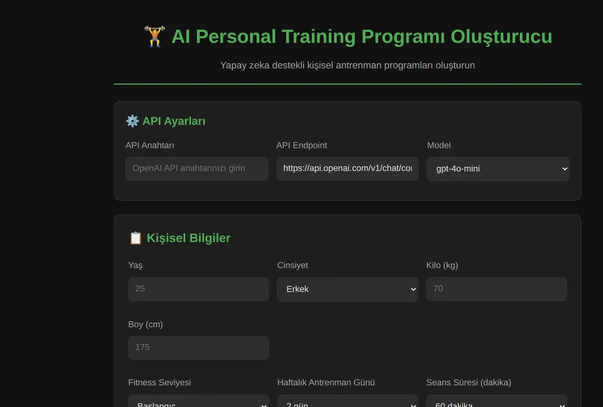 AI Personal Training Programı Oluşturucu ekran görüntüsü