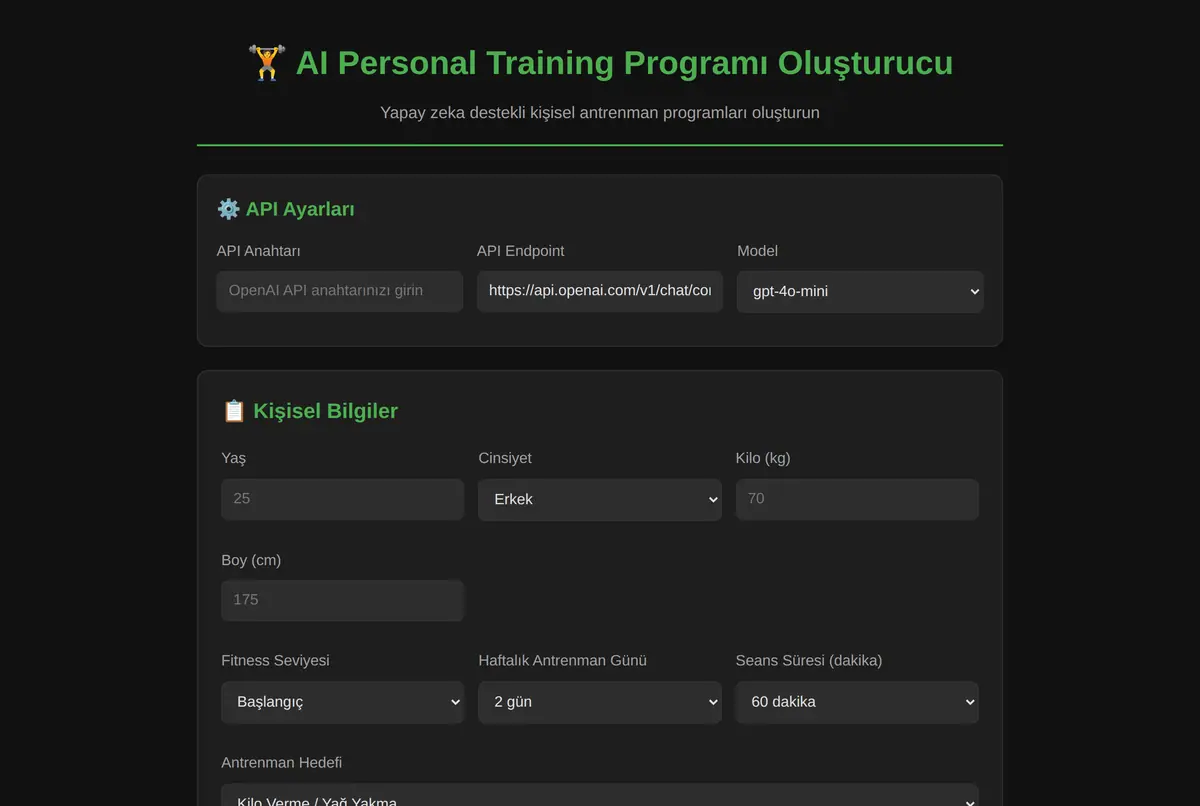 AI Personal Training Programı Oluşturucu ekran görüntüsü 2