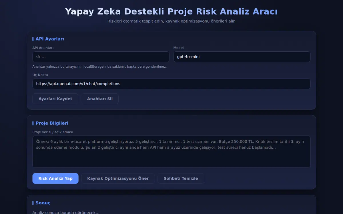 Yapay Zeka Destekli Proje Risk Analiz Aracı ekran görüntüsü