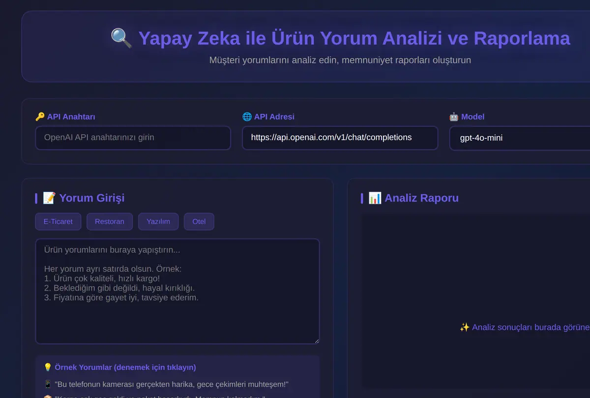 Yapay Zeka ile Ürün Yorum Analizi ve Raporlama ekran görüntüsü