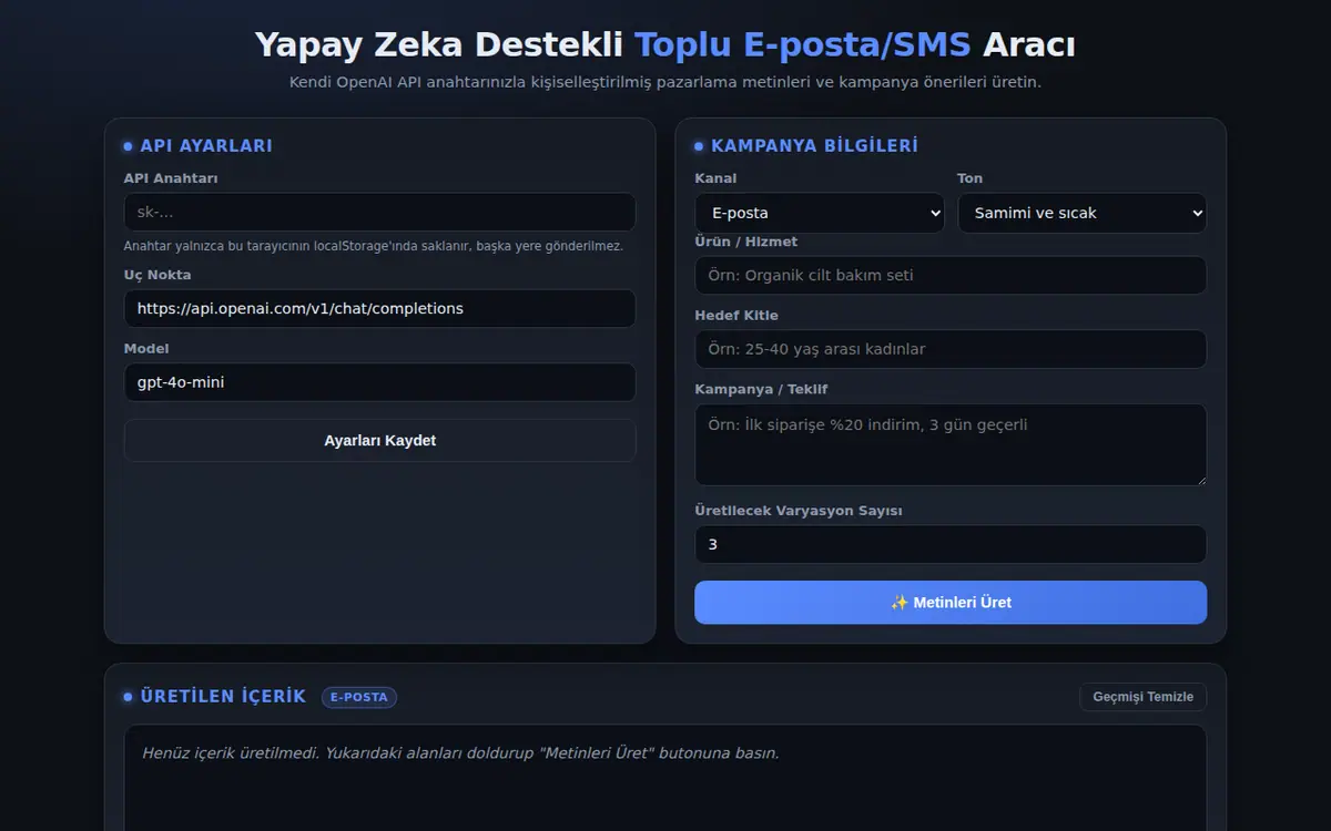 Yapay Zeka Destekli Toplu E-posta/SMS Aracı ekran görüntüsü