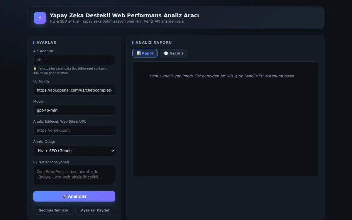 Yapay Zeka Destekli Web Performans Analiz Aracı ekran görüntüsü