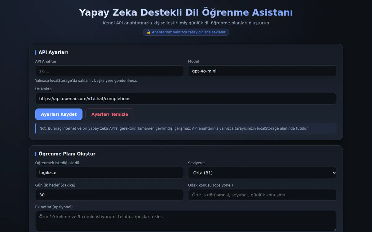 Yapay Zeka Dil Öğrenme Asistanı ekran görüntüsü