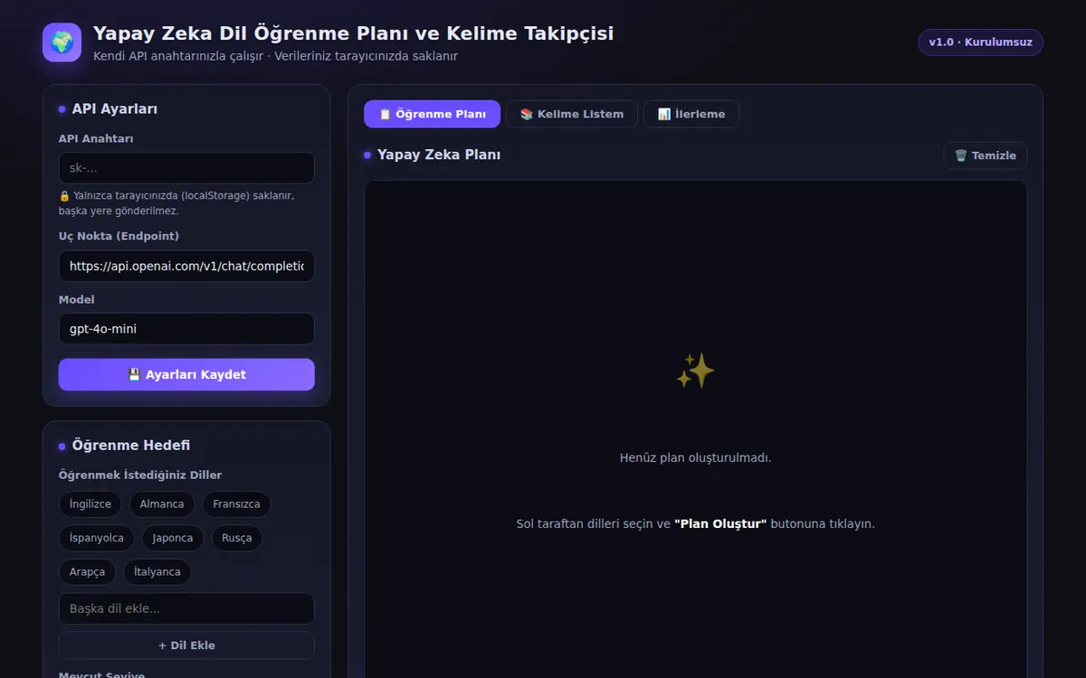 Yapay Zeka Dil Öğrenme Planı ve Kelime Takipçisi ekran görüntüsü