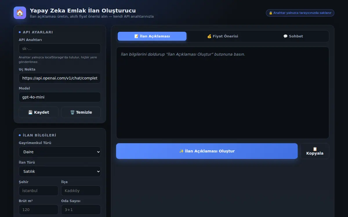 Yapay Zeka Emlak İlan Oluşturucu Programı ekran görüntüsü