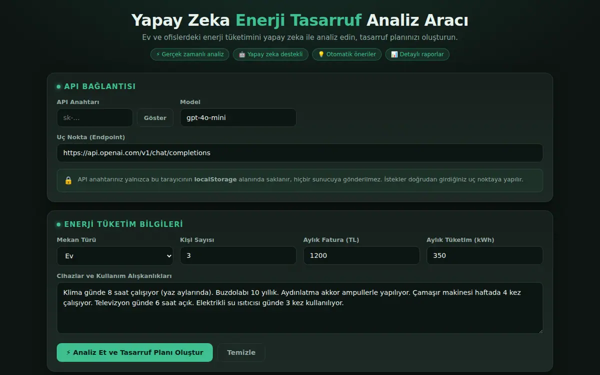 Yapay Zeka Enerji Tasarruf Analiz Aracı ekran görüntüsü