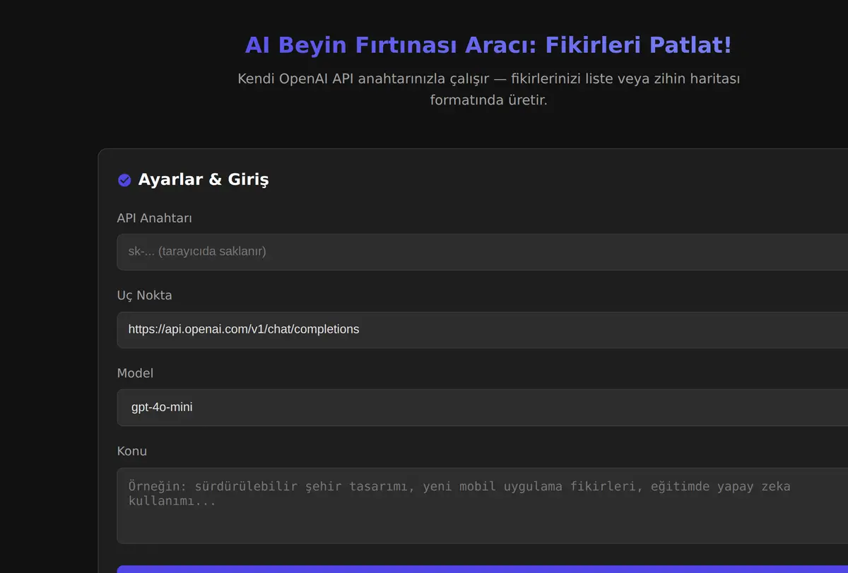 AI Beyin Fırtınası Aracı: Fikirleri Patlat! ekran görüntüsü