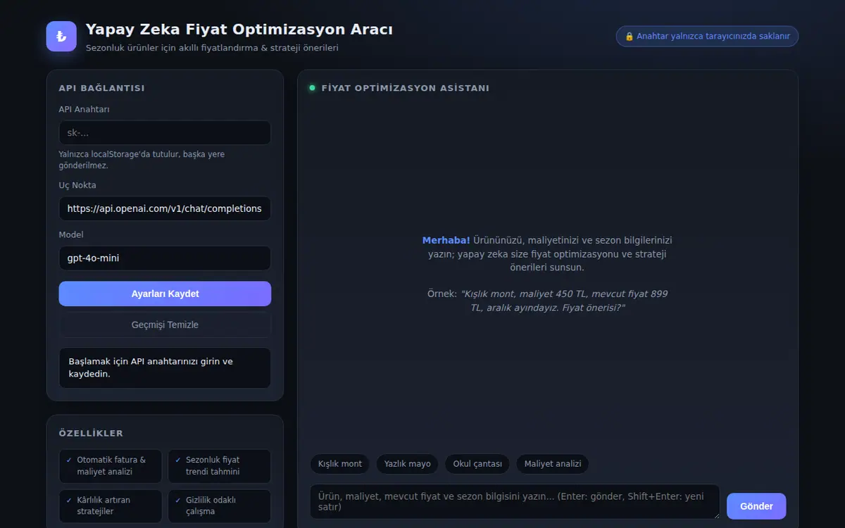 Yapay Zeka Fiyat Optimizasyon Aracı ekran görüntüsü