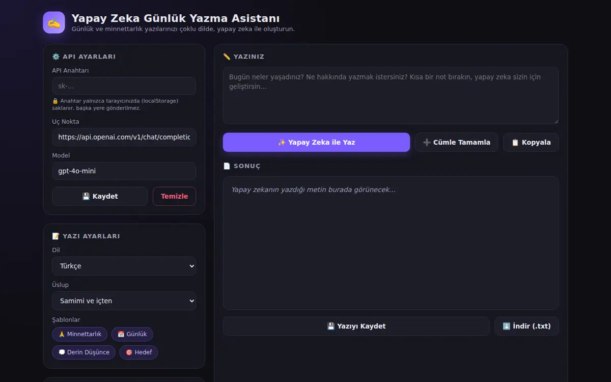 Yapay Zeka Günlük Yazma Asistanı ekran görüntüsü