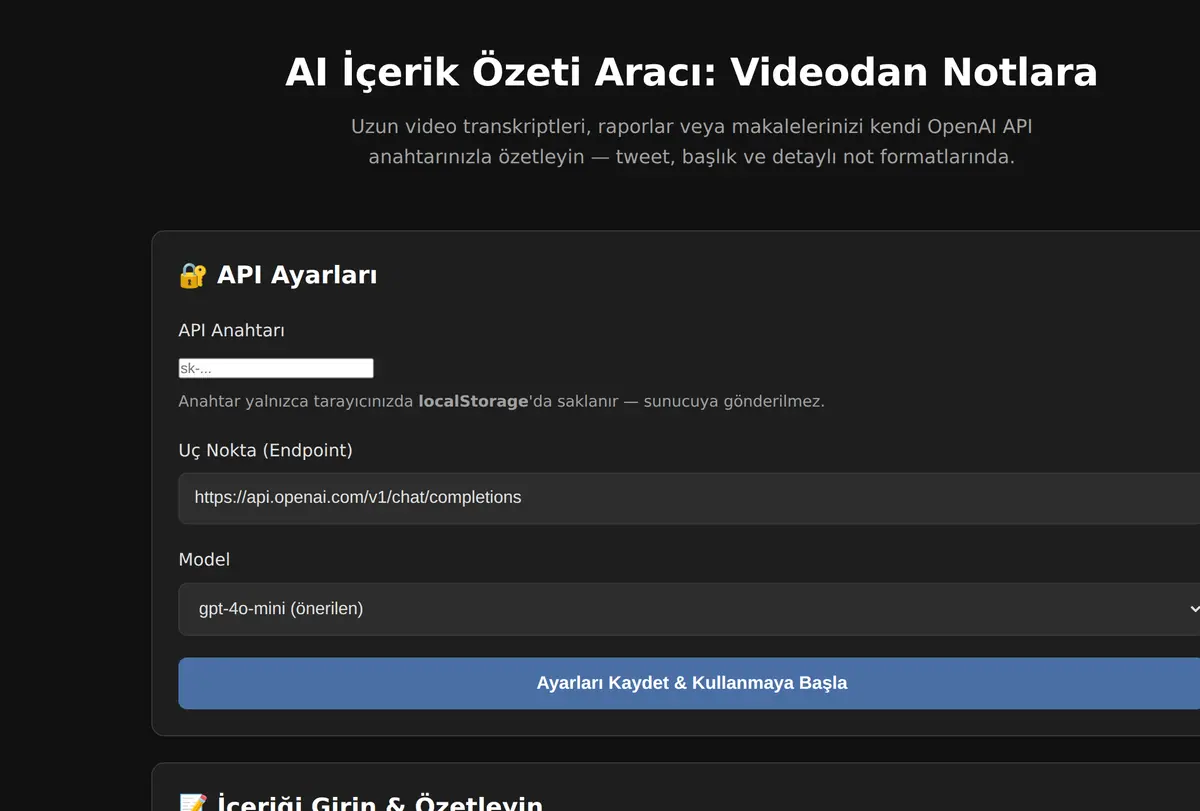 AI İçerik Özeti Aracı: Videodan Notlara ekran görüntüsü