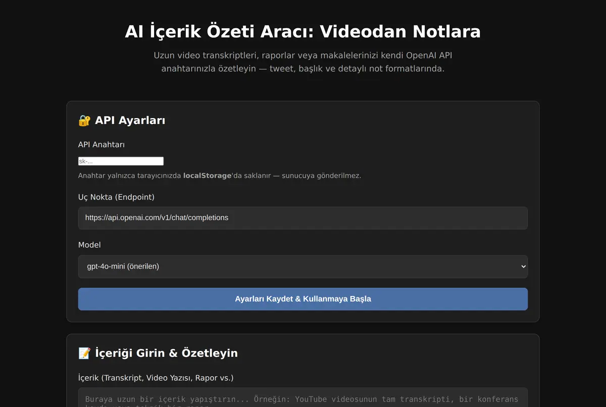 AI İçerik Özeti Aracı: Videodan Notlara ekran görüntüsü 2
