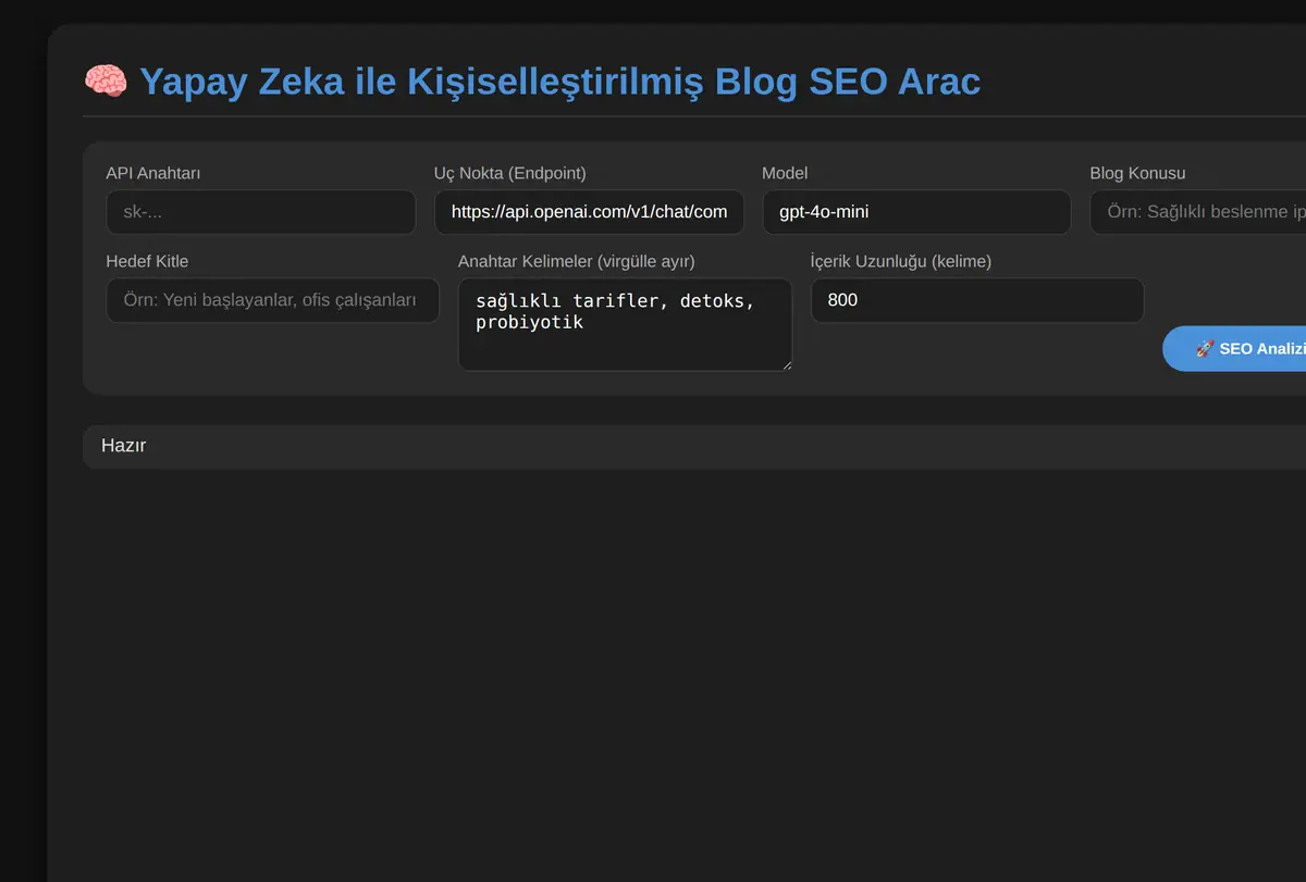 Yapay Zeka ile Kişiselleştirilmiş Blog SEO Arac ekran görüntüsü