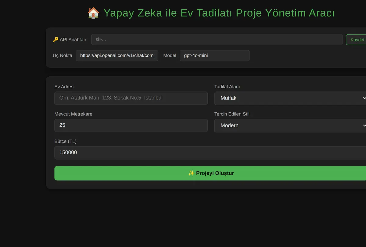 Yapay Zeka ile Ev Tadilatı Proje Yönetim Aracı ekran görüntüsü