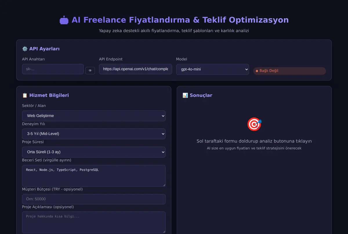 AI Freelance Fiyatlandırma & Teklif Optimizasyon ekran görüntüsü 2
