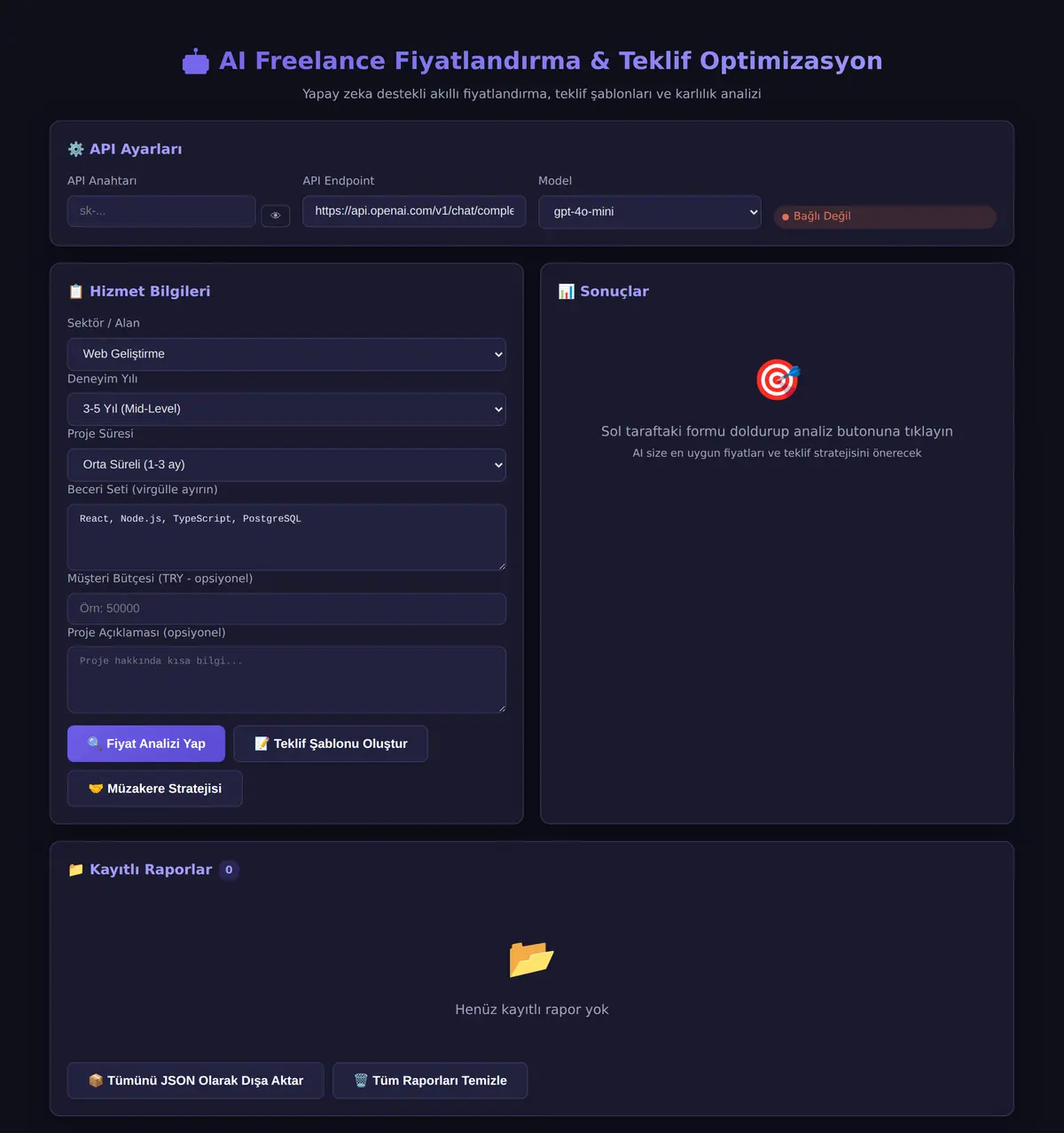 AI Freelance Fiyatlandırma & Teklif Optimizasyon ekran görüntüsü 3