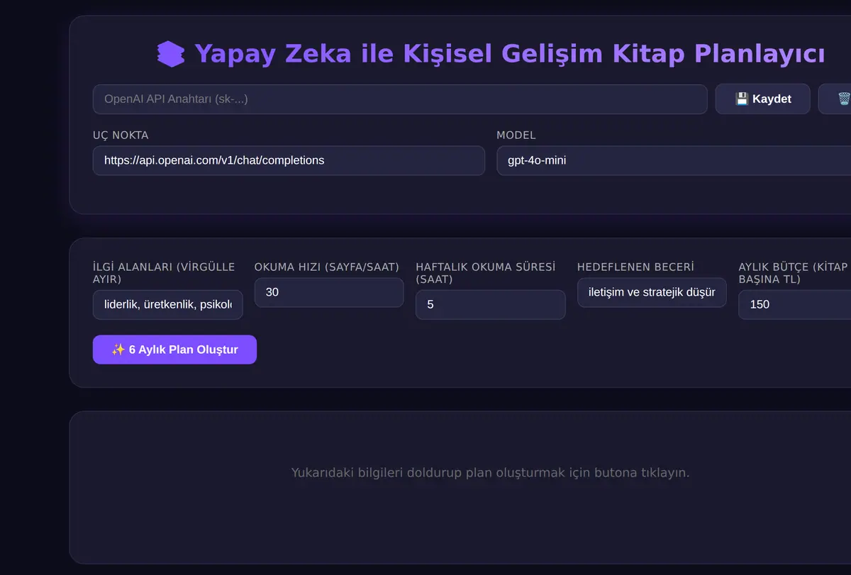 Yapay Zeka ile Kişisel Gelişim Kitap Planlayıcı ekran görüntüsü