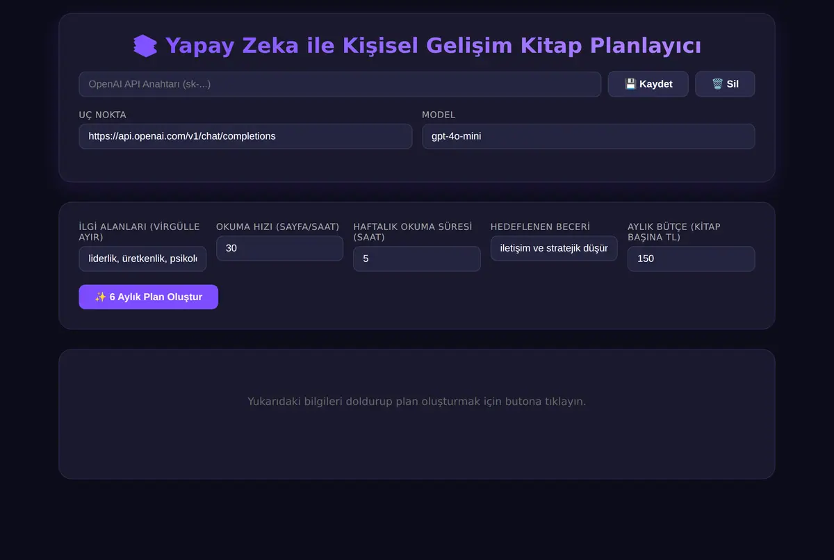 Yapay Zeka ile Kişisel Gelişim Kitap Planlayıcı ekran görüntüsü 3
