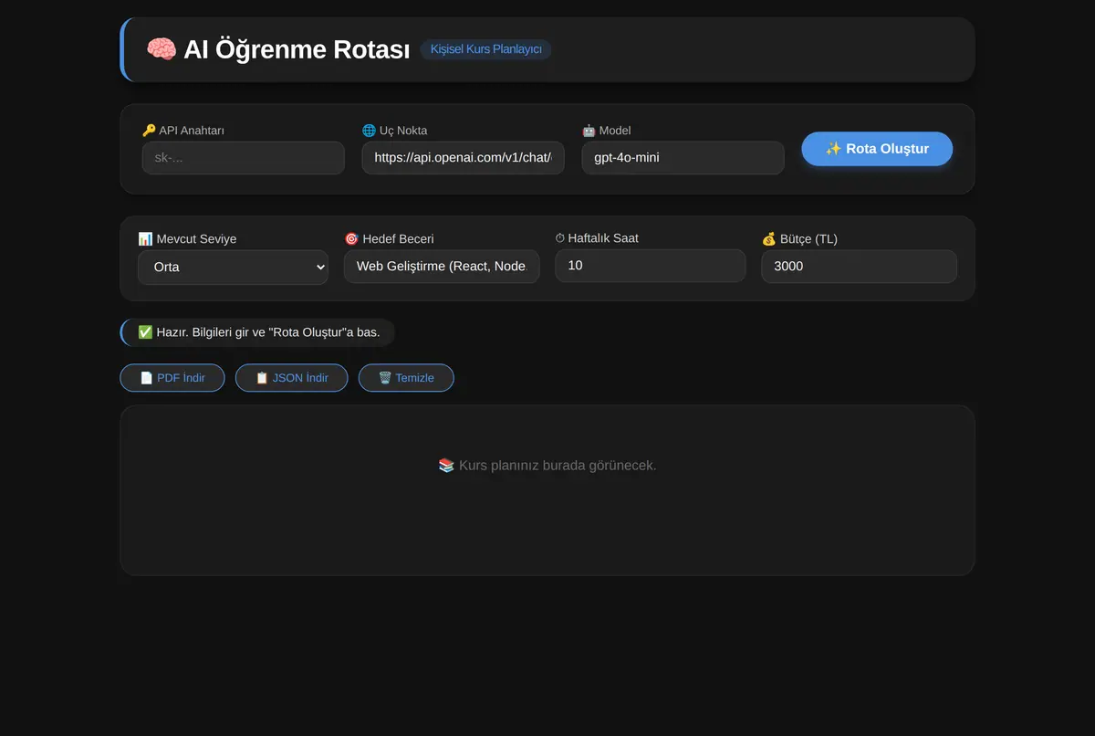 AI Öğrenme Rotası: Kişisel Kurs Planlayıcı ekran görüntüsü 2