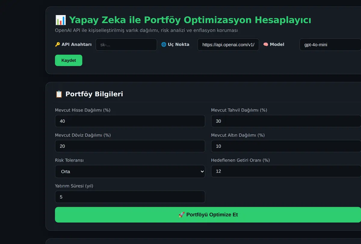 Yapay Zeka ile Portföy Optimizasyon Hesaplayıcı ekran görüntüsü