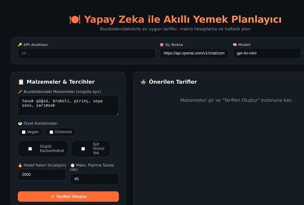 Yapay Zeka ile Akıllı Yemek Planlayıcı ekran görüntüsü