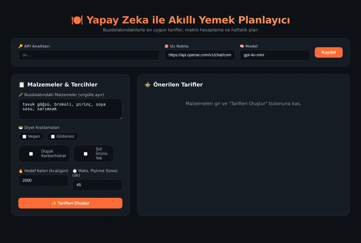 Yapay Zeka ile Akıllı Yemek Planlayıcı ekran görüntüsü 2