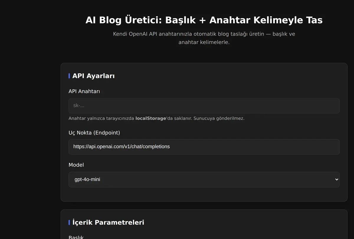 AI Blog Üretici: Başlık + Anahtar Kelimeyle Tas ekran görüntüsü