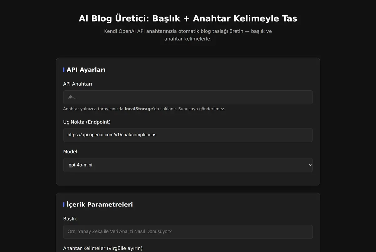 AI Blog Üretici: Başlık + Anahtar Kelimeyle Tas ekran görüntüsü 2