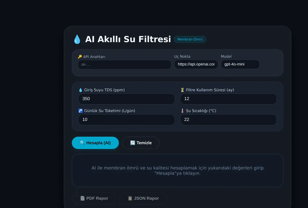 AI Akıllı Su Filtresi Membran Ömrü Hesaplayıcı ekran görüntüsü
