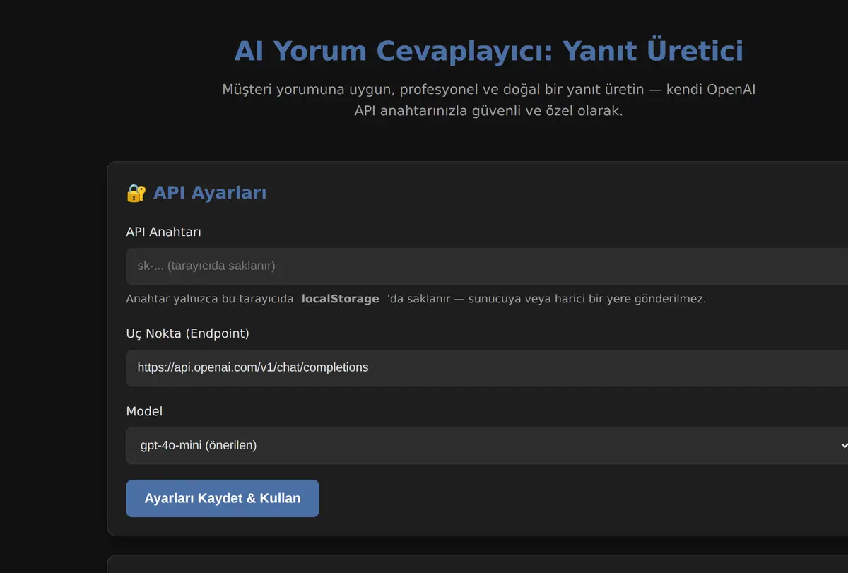 AI Yorum Cevaplayıcı: Yanıt Üretici ekran görüntüsü