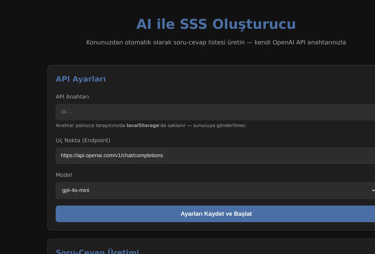AI ile SSS Oluşturucu ekran görüntüsü